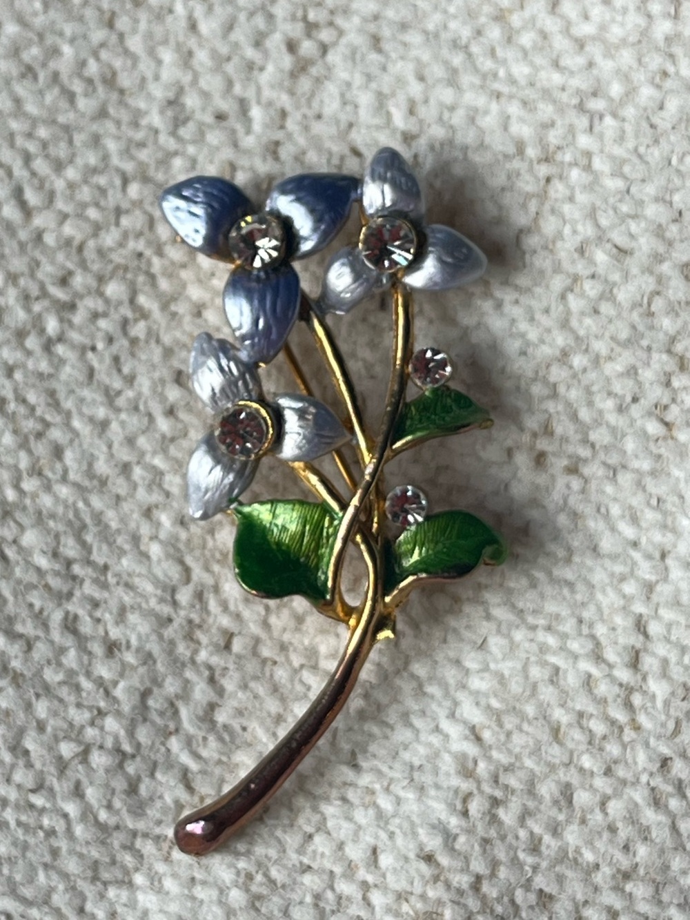Vintage Blue Enamel Flower Brooch Clear Rhinestones Gold Tone Floral Pin